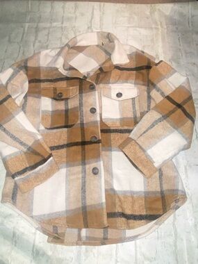 Tan White Plaid Button-Down Shirt Jacket